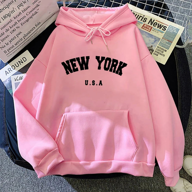 New York Usa Letter Print Streetwear Man Women Loose Fitness Clothes Fashion Hoodie Long Sleeved Casual Unisex Hoodie Winter Top