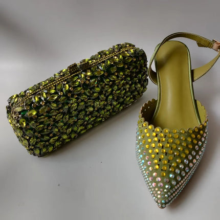 INSIGHTLINK Luxury Olive Green Rhinestones Women's Shoe and Bag Set for Party Wedding Crystals Heeled Pumps and Handbag Sandals