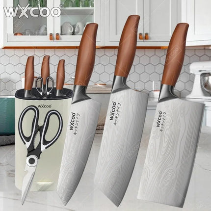 WXCOO Stainless Steel Chef Knife Household Kitchen Knife Laser Damascus Pattern Slicing Scissors Cleaver Fruit Knife Holder