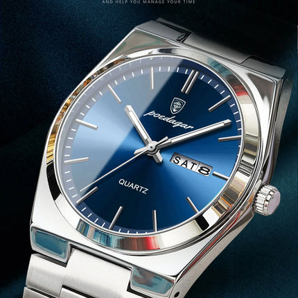 POEDAGAR Luxury Watch For Man Waterproof Luminous Date Week Stainless Steel Men Watch Casual Quartz Men's Watches Male Clock+box