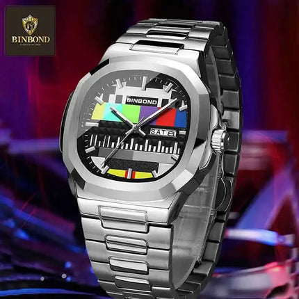 BINBOND Creative TV Dial Men's Watches New Fashion Original Retro Design Luminous Quartz Wristwatch For Men With Calendar Week