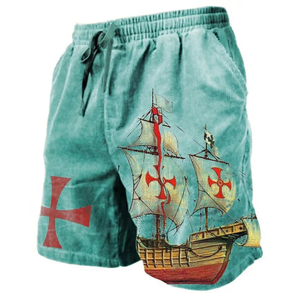 Men's Beach Shorts Compass Pattern 3D Retro Printed Shorts Men's Summer Breathable Drawstring Shorts Fitness Street Shorts