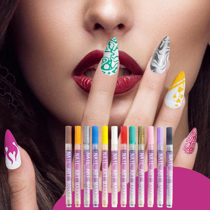 12 Colors Nail Art Pens Set,Nail Polish Pens Drawing Painting Point Liner Acrylic Painted Pen Kit, Waterproof and Quick-drying
