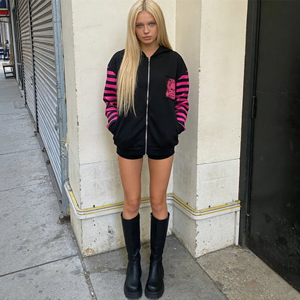 2026 Dark Pink Black Punk Skeleton Printed Striped Sleeve Hoodie Street Style Women's Zipper cardigan Wholesale Women's Clothing