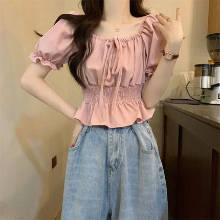 French Style Bubble Sleeve Shirt Women's Short Sweet Sensation Waist Cinched One Shoulder Top Polyester Blend Regular Sleeve
