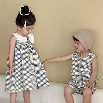 RAISE 2026 Summer Children Outfit Muslin Peter Pan Collar Kids Girls Sleeveless Dress Thin Plaid Tank Top Vest+loose Shorts Suit