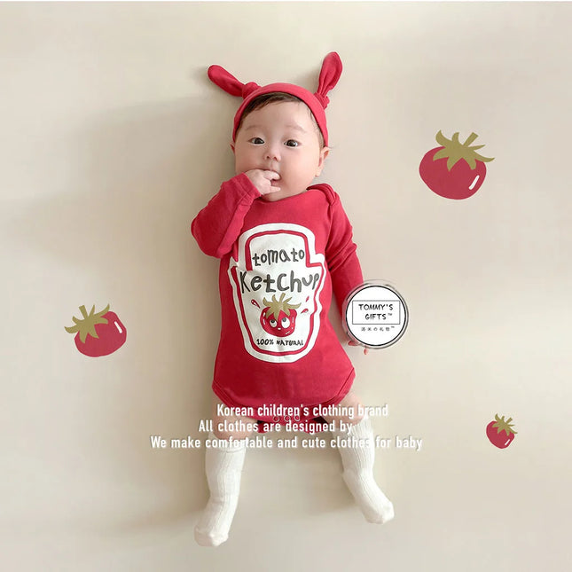Infant Newborn Romper Sauce Onesie with Hat Baby Bodysuit Cosplay Baby Twins Red Tomato Ketchup and Yellow Mustard Costume 0-2T