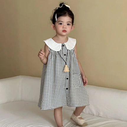 RAISE 2026 Summer Children Outfit Muslin Peter Pan Collar Kids Girls Sleeveless Dress Thin Plaid Tank Top Vest+loose Shorts Suit
