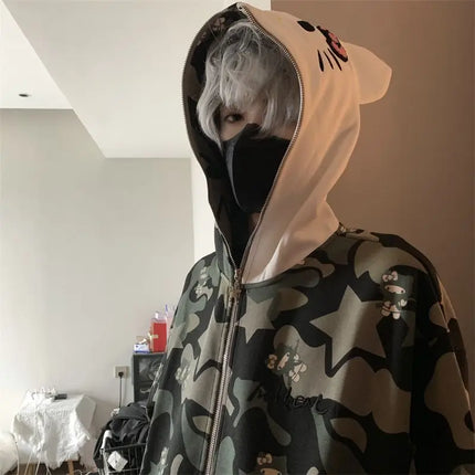 American Hello Kittys Women Zip Jacket Vintage Hooded Sweatshirt Sanrioed Y2K Girls Zipped Coat Couple Tops Casual Streetwear