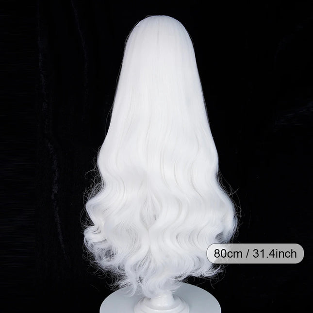 White Long Wavy Anime Game Cosplay Synthetic Wigs with Bangs Fluffy Heat Resistant Wig for Daily Party