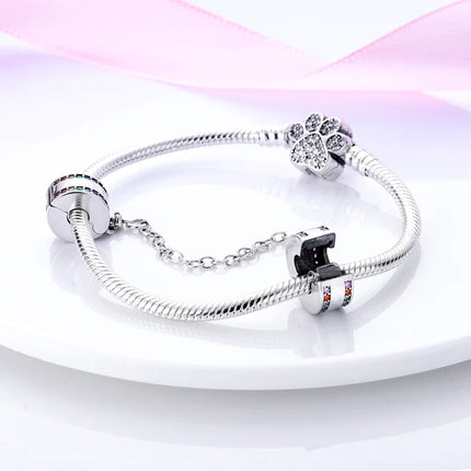 Sparkling Clear Silver Safety Chain 925 Sterling Silver Safety Chain Charm Beads Fit Original Bangle Bracelet DIY Jewelry