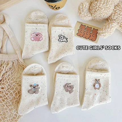 5 Pairs Women's Half Socks Bear Puppy Pattern Cotton Color Solid Dot Yarn Design Skin-friendly Soft Cozy Casual Female Lady Sock