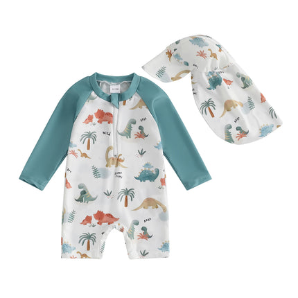 MISOWMNJOY Summer Baby Long Sleeve Swimwear Fashion Toddler Boys Rash Guard Swimsuit Dinosaur Print Zip Beachwar with Swim Cap