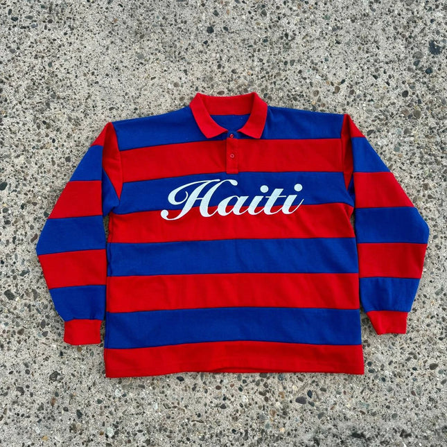 Y2K Haitian Long-Sleeved Shirts Fashionable Red and Blue Striped Knitted Lapel Jersey Oversized Retro Men Women Streetwear Tops