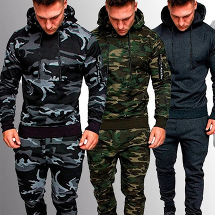 Camo Men Tracksuit Hooded Outerwear Hoodie Set 2 Pieces Autumn Sporting Male Fitness Camouflage Sweatshirts Jacket + Pants Sets