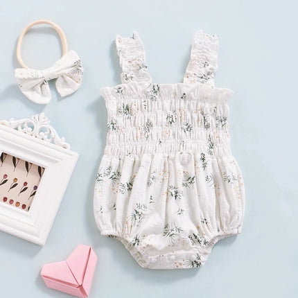 Infant Baby Girl's Sleeveless Jumpsuit Floral Print Elastic Bust Shoulder Straps Romper Bow Headband