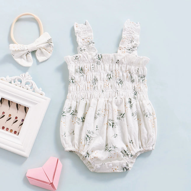 Ensemble Combinaison sans Manches pour Bébé Fille Imprimé Floral Poitrine Élastique Bretelles Nœud Bandeau