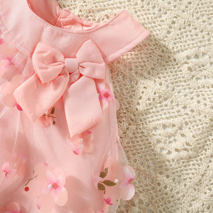 (0-3 Years Old) Summer Mesh All Over Flower Bow Baby Girl Dress Cute Sleeveless Girl Princess Dress