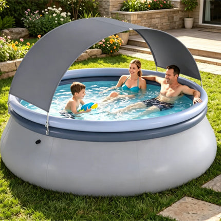 118" x 68" Large Capacity Outdoor Inflatable Swimming Pool with Sunshade Tent, Tear Resistant Heavy-Duty PVC Blow Up Pool, Portable 6-Person Family Water Pool Complete with Repair Kit for Backyard Garden Summer Party