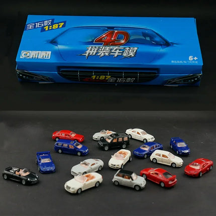 16PCS/Set 4D 1/87 Modern Cars can Move Collection Puzzle Plastic Assemble Model for Children