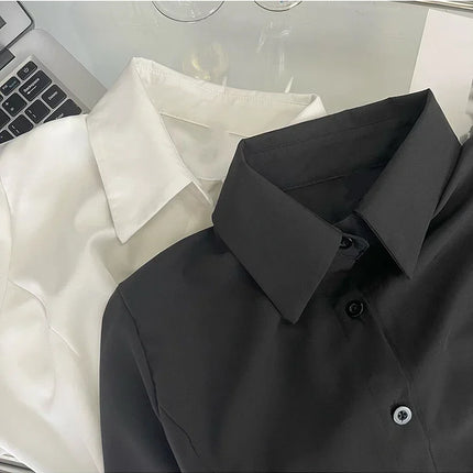 White Shirt Women Tops Korean Long Sleeve Blouses Lace Up Button Up Shirt Office Lady Black Fashion Slim Turn-Down Collar Blouse