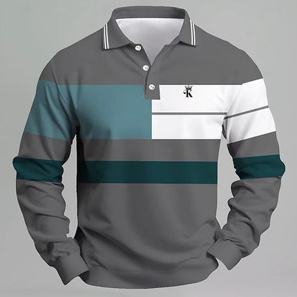 Logo Men's Long Sleeve Polo Shirt Color Block Striped Design Spring Summer Outdoor Casual Wear for Men Fashionable Apparel
