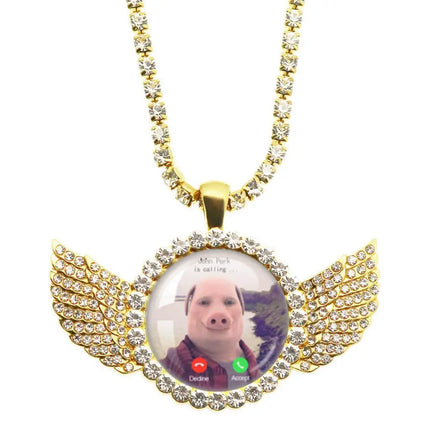 For John Pork Is Calling Answer Call Phone Humor Funny Pig Lover Graphic The Moon Necklace Angel Wings Pendant Necklace Jewelry