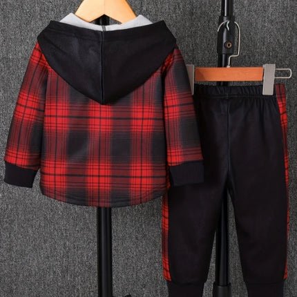Spring Autumn Plaid Print Baby Boy Long Sleeve Hooded Fleece Lined Shirt Color Block Pants Two-Piece Casual Outfit for Toddlers