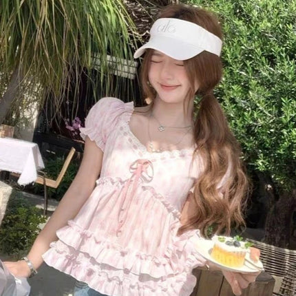 Summer 2026 New France Pink Floral Bubble Off-the-shoulder Two Lotus Leaf Doll Collar T-shirts Women Kawaii Sweet Cute Tees