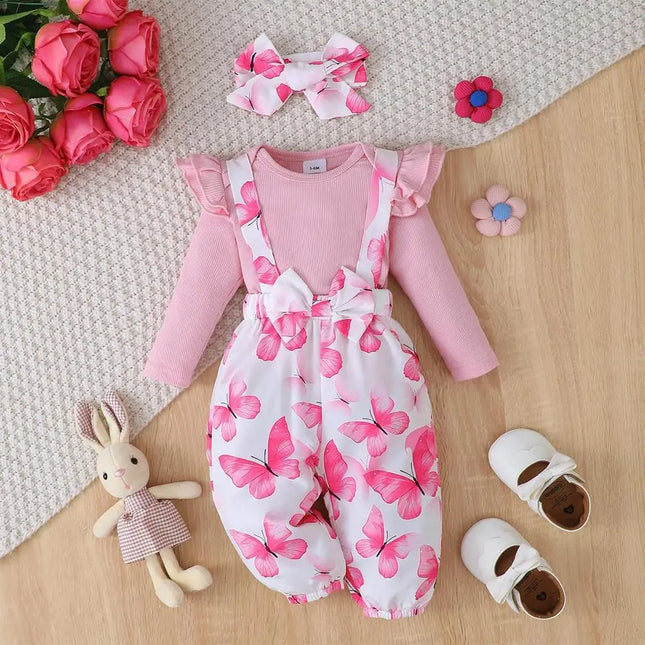 3PCS Clothes Outfits for 1-24 Months Newborn & Toddler Baby Girl Long Sleeves Romper + Flower Strap Pants Cute Christmas Costume