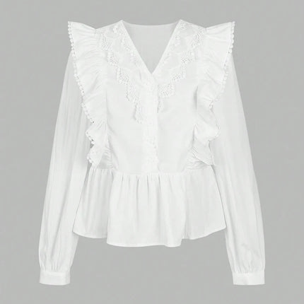 Plus Size Casual Solid Colour Lace Patchwork Ruffled Long Sleeve Top 2025 Autumn New Arrival Everyday Fashion