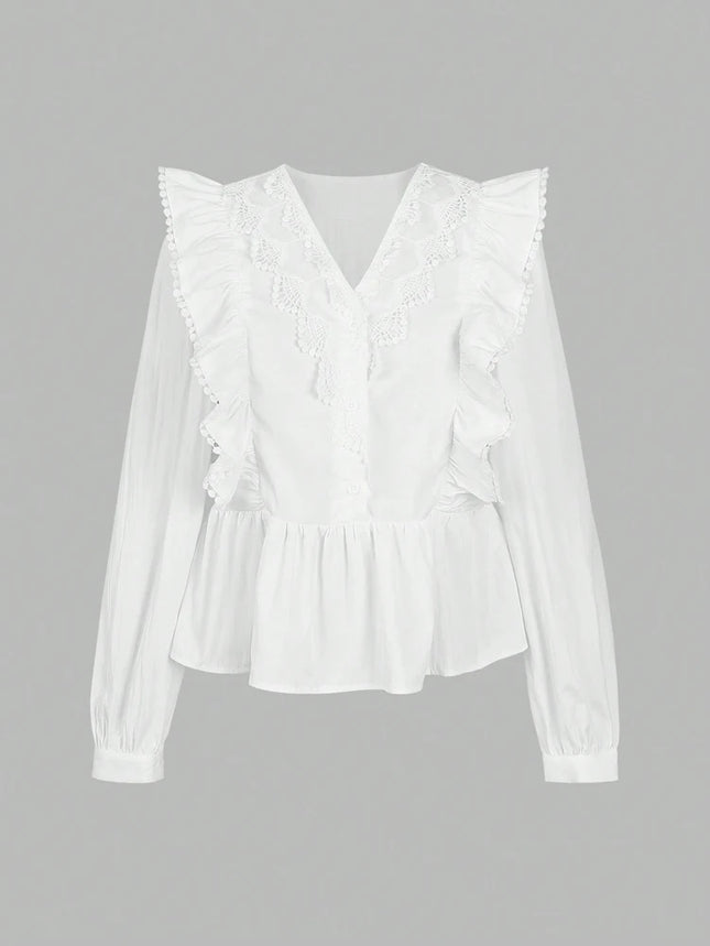 Plus Size Casual Solid Color Lace Patchwork Ruffled Long Sleeve Top 2025 Autumn New Arrival Everyday Fashion