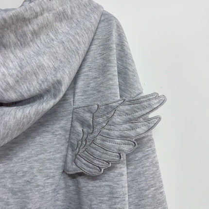 Women Fashion Grey Angel Wing Embroidered Hoodie Zipper Kawaii Pullover Sweatshirt Wing Y2K Streetwear Goth 2000s Alt Clothes