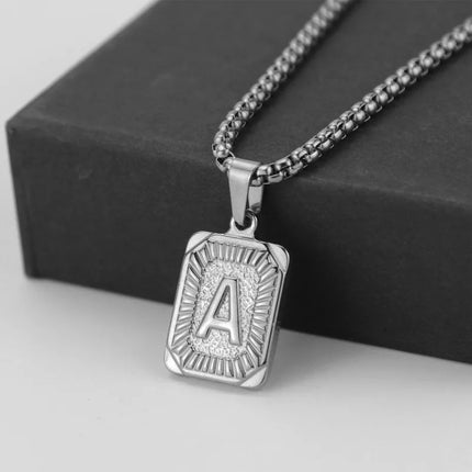 Men's 18K Gold Square Double-Sided 26 English Letter Pendant Titanium Steel Jewelry Necklace