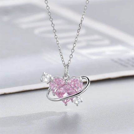 Y2K Pink Planet Heart Zircon Pendant Necklaces Women Fashion Aesthetic Clavicle Chain Necklace Valentines Day Gift Party Jewelry