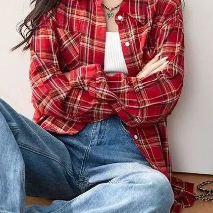 Retro Red Plaid Long Sleeve Women's Shirt Loose Fit Autumn Summer New Style Casual Fashion Open Cardigan Slimming Top Coat