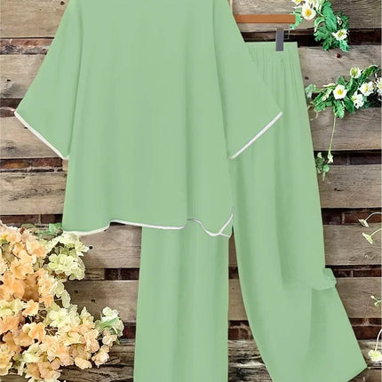 Plus Size Women Casual Fashion Set Loose Comfortable Open Split Half Sleeve Top Wide Pants Long Pant Two Piece Outfit Pajama Set