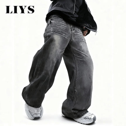 LIYS Men's Women's Retro Gray Ultra Baggy Wide-Leg Jeans Four Seasons Casual Oversized Loose Straight-Leg Denim Pants Unisex