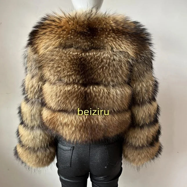 BEIZIRU Women's Real Raccoon Fur Coat Winter Long Sleeve Hooded Jacket with Turndown Collar Natural Luxury Thick Top