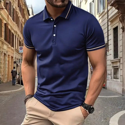 2025Men's casual short sleeved polo shirt, solid color polo shirt, fashionable, business, breathable, comfortable short sleeved