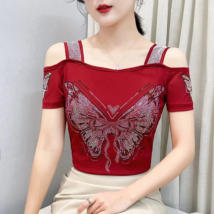 Summer Streetwear Fashion Women's T-shirt Luxury Design Butterfly Hot Diamonds Tee Sexy Off Shoulder Girls Tops European Clothes