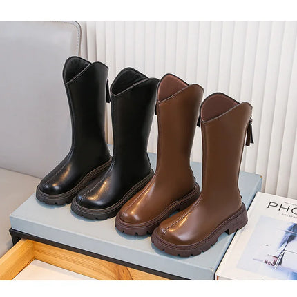 Children Knee Length Boots New 2025 Autumn Student Girls Princess Boots Kids Zipper Comfortable Non Slip Solid Color Long Boots