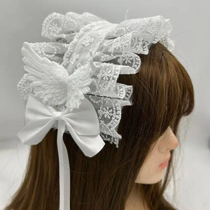 Gothic Lolita White Lace Headband with Angel Wings & Bow Elegant Ruffled Hair Band Hair Accessories for Women Cosplay & Party