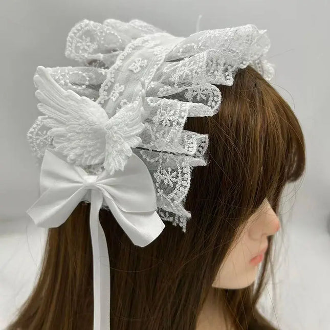 Gothic Lolita White Lace Headband with Angel Wings & Bow Elegant Ruffled Hair Band Hair Accessories for Women Cosplay & Party