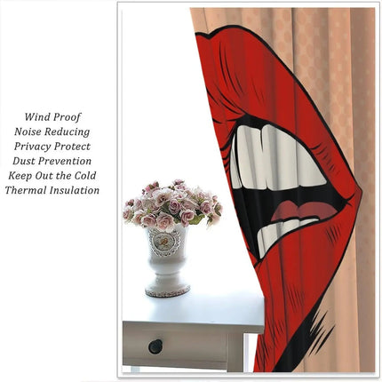 Lips Curtains, Retro Comic Pop Art Girl Applying Red Lipstick Makeup Concept Halftone Background Blackout Rod Pocket Curtains