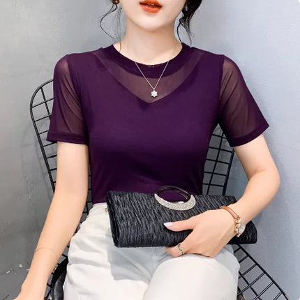 Autumn Winter Round Neck T shirt Women Sexy Mesh Bottoming Shirt Long Sleeve Solid Color Slim Fit Long Sleeve Casual Tops