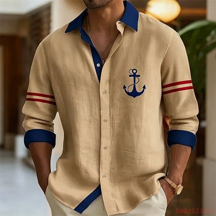 2026 Summer New Men's Long-Sleeve Shirt, Contrasting Collar with Anchor Print, Fashionable Casual Hawaiian Shirt, XS-6XL