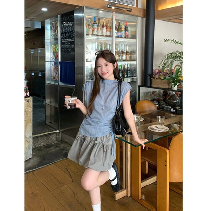 Blue Striped Drawstring Tie Women's Shirt Summer New Style French Stripe Design Modified Version Round Neck Sleeveless Dress