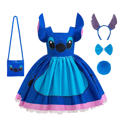 Stitch Character Cosplay Dress for Kids Girls Lilo & Stitch Blue Sparkly Dress with 3D Ears for Halloween Birthday Party