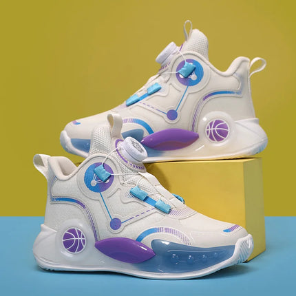 Children Basketball Shoes Boys Sports Comfortable Non Slip Flat Fitness Shoes 2025 New Rotating Button Sports Sneakers for Kids